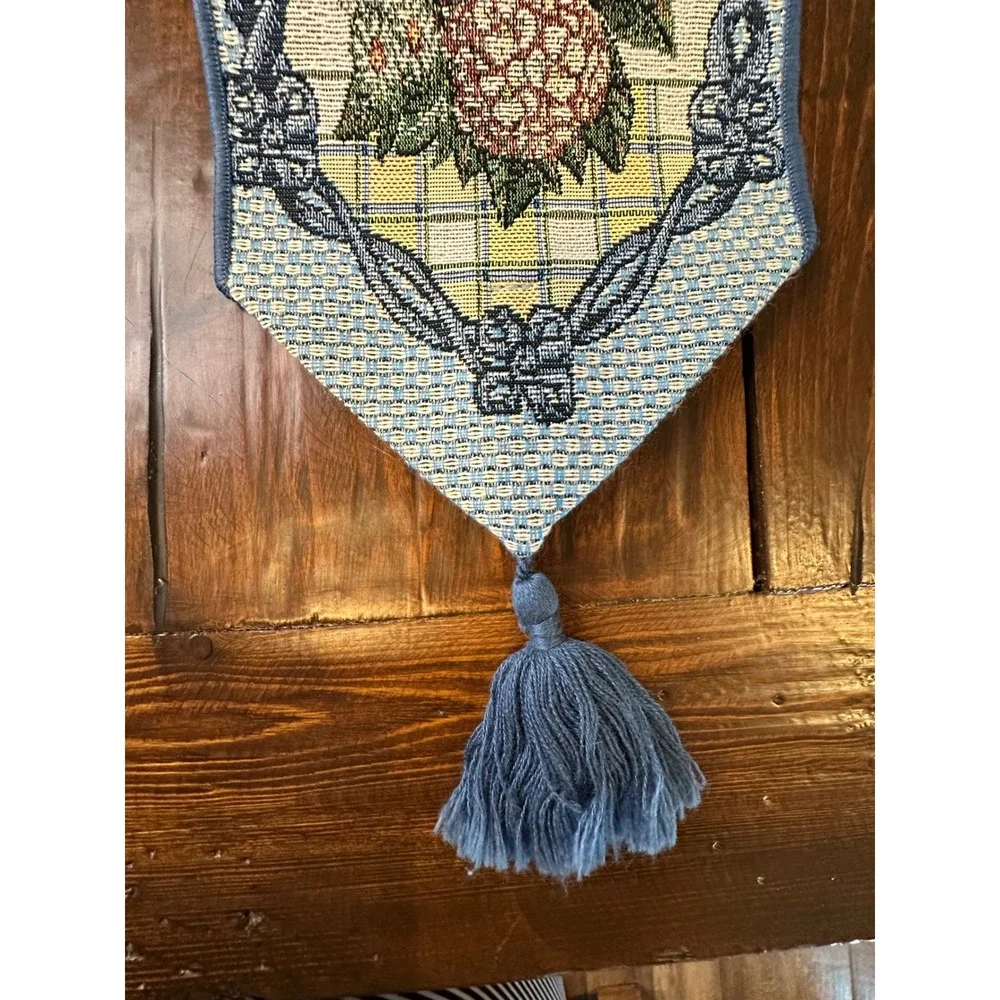 Floral Tapestry Wall Hanging Vertical Blue Tassel Wooden Dowel 48 in